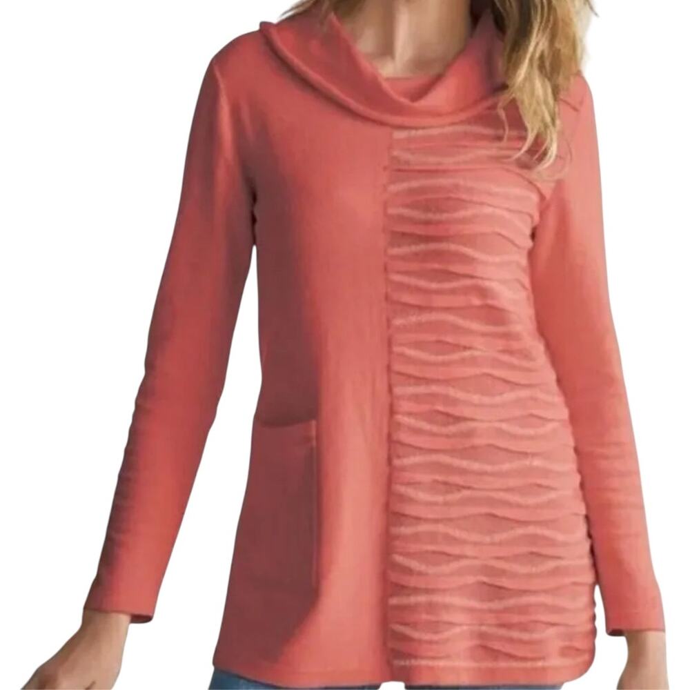 Soft Surroundings Lyrical Sweater Textured Cowl Neck Pocket Knit Salmon Rose S